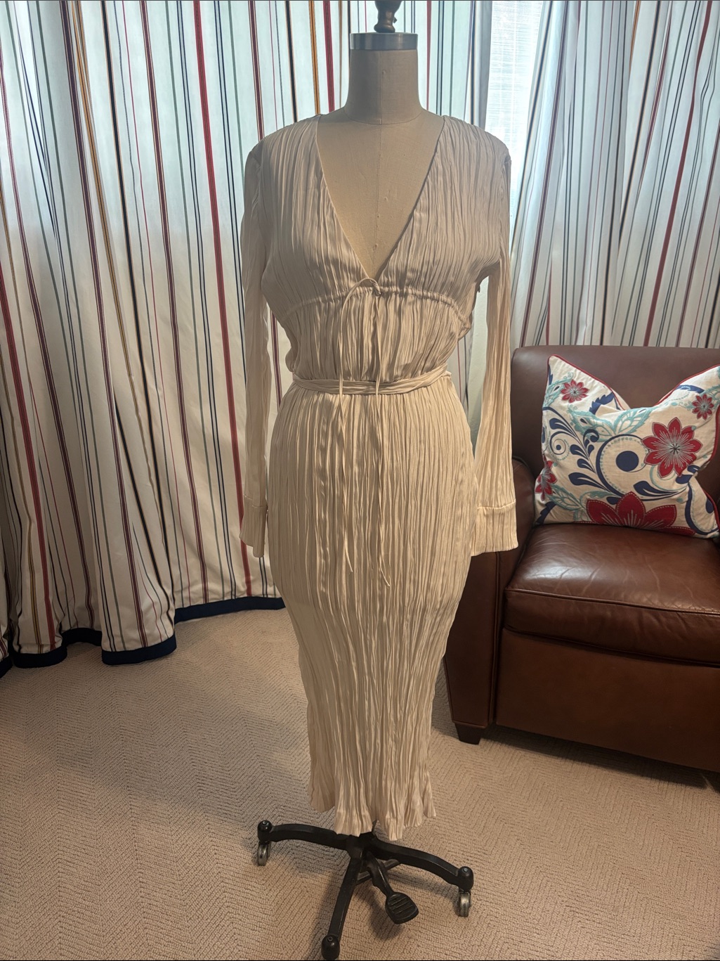 Altuzarra Cream Pleated V-Neck Long Sleeve Midi Dress